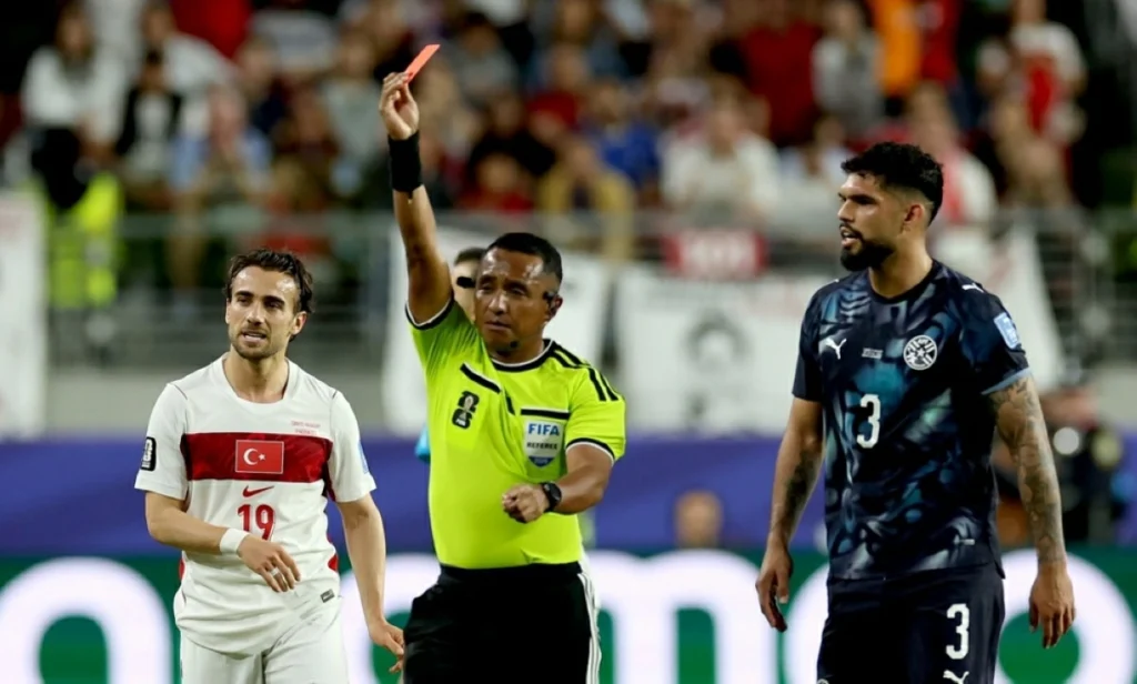 Almirón becomes first player sent off under new World Cup mouth-covering rule