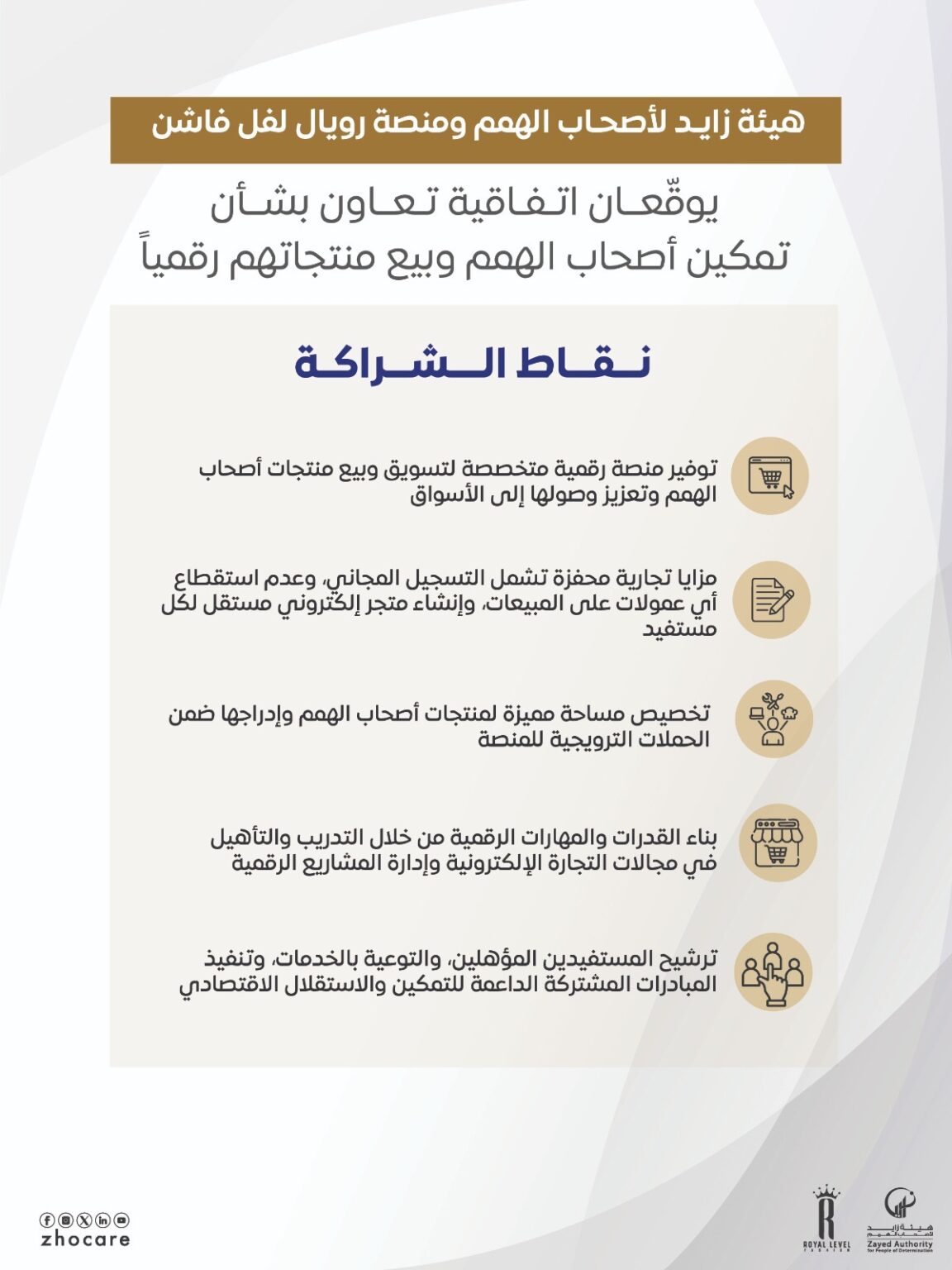 تعاون بين "هيئة زايد" و"رويال ليفل فاشن" لتمكين أصحاب الهمم اقتصادياً
