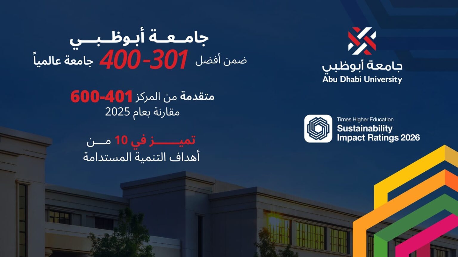 جامعة أبوظبي ضمن أفضل 400 مؤسسة في "تصنيف التايمز للتأثير على الاستدامة 2026"