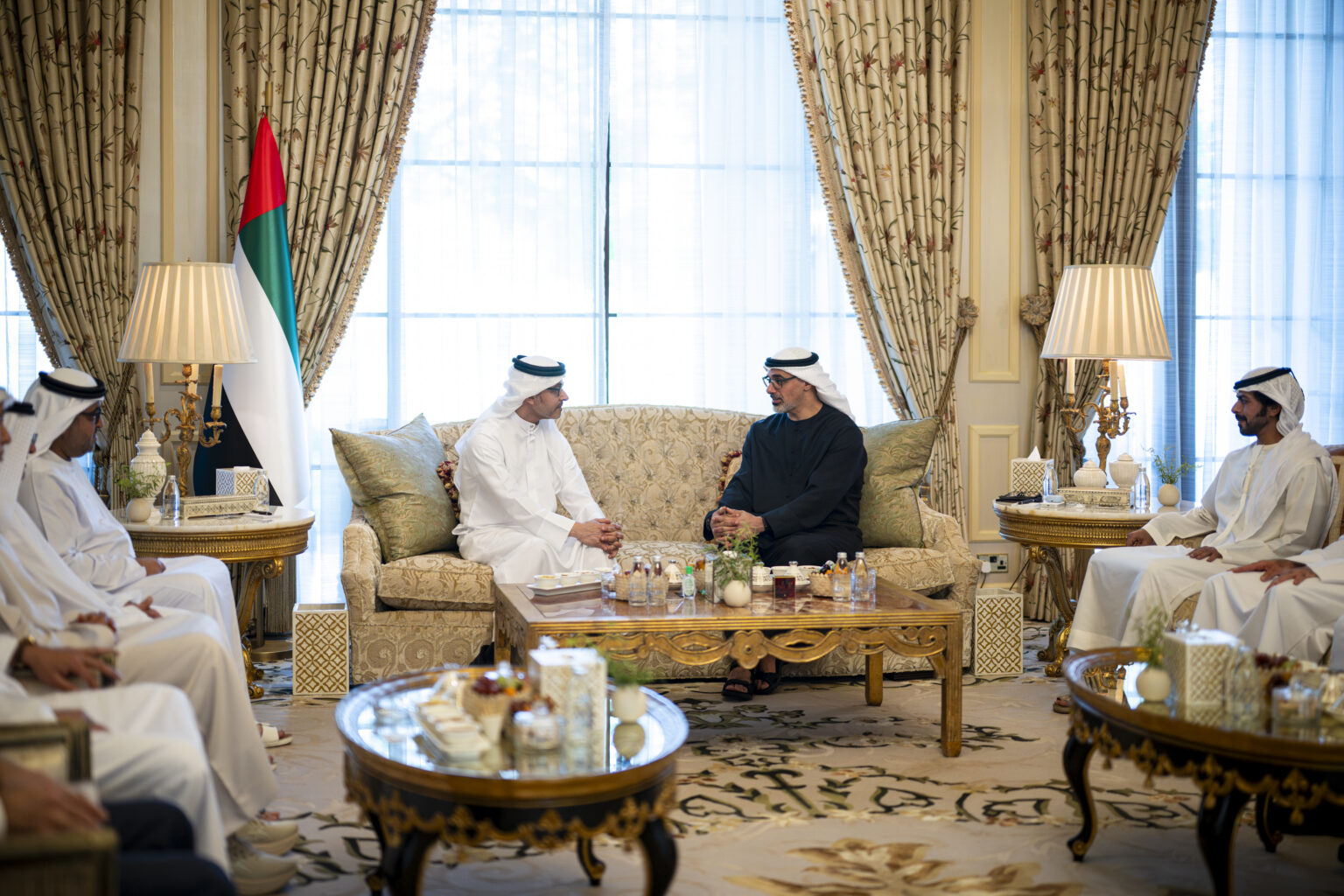 Hazza bin Zayed receives Khaled bin Mohamed bin Zayed at his residence in Al Ain Region