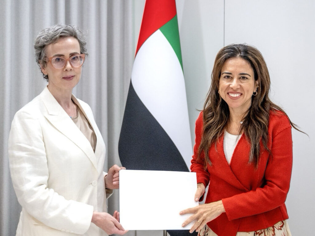 Lana Nusseibeh receives credentials copy from Ambassador of United Kingdom of Great Britain and Northern Ireland